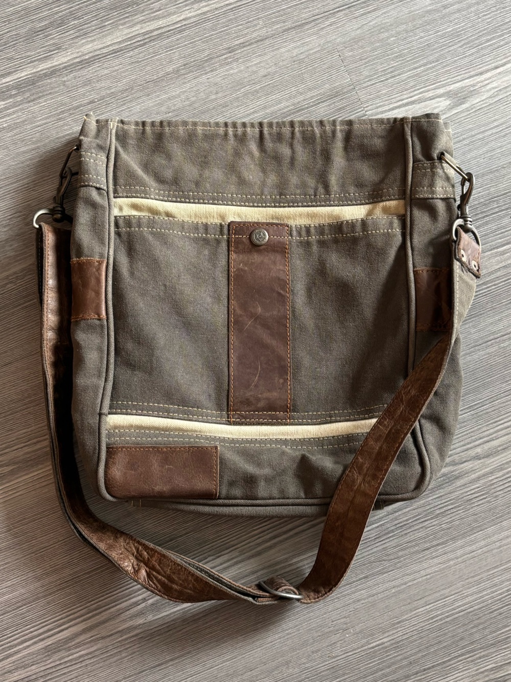 Mona B Upcycled Canvas Crossbody Bag with Brown Leather Trim